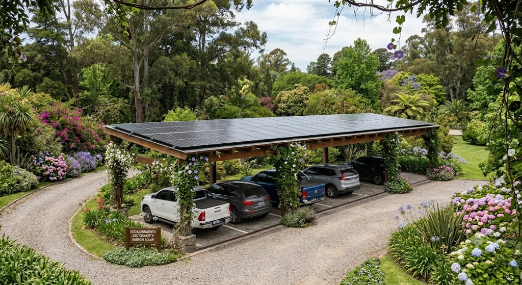 Pérgola solar en espacio común de un country con jardines