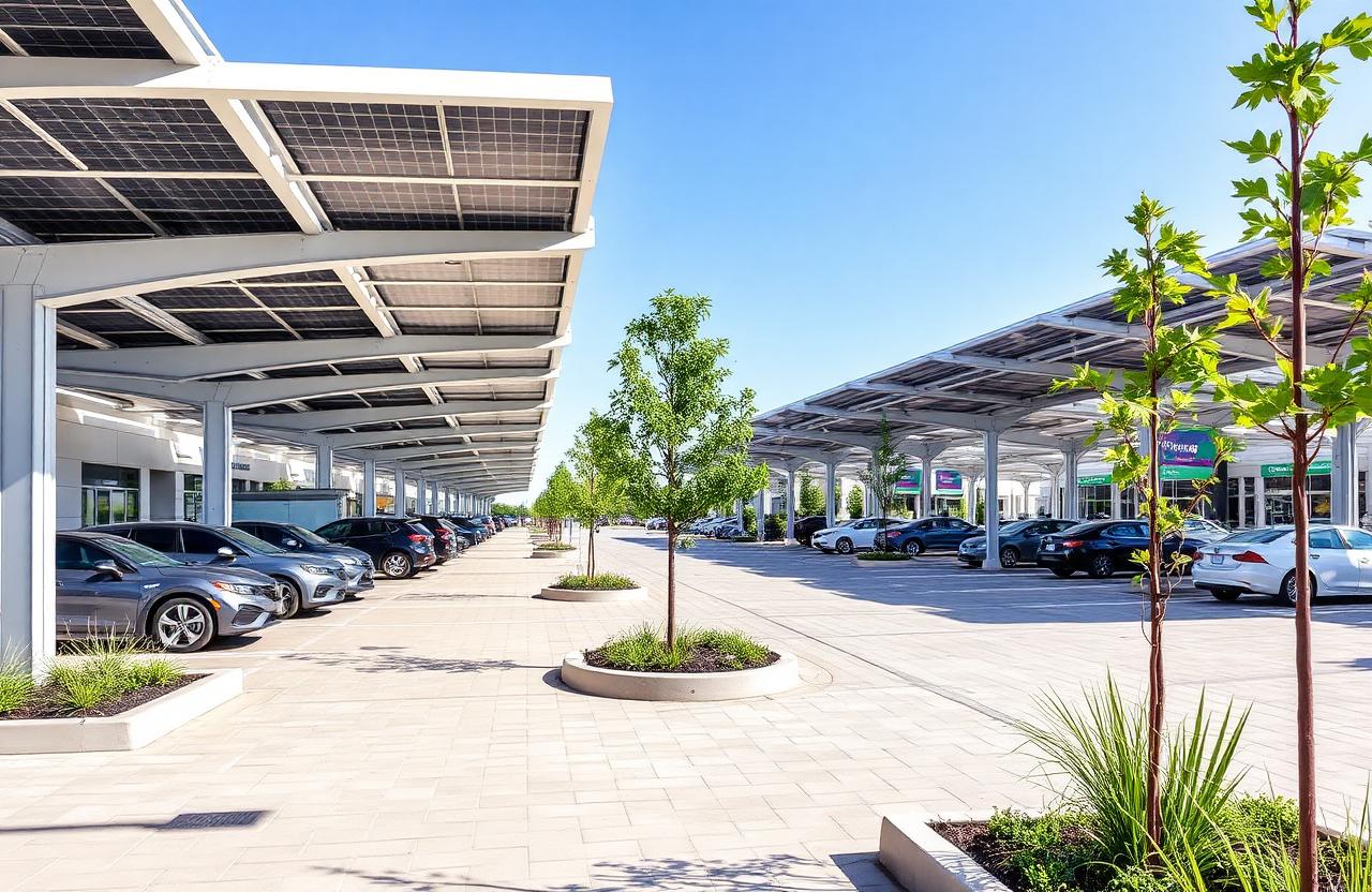 Estacionamiento con cubiertas solares y paisajismo