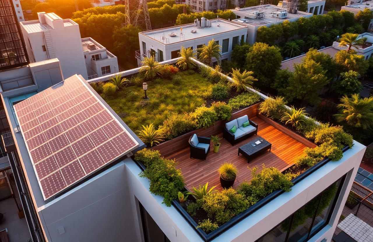 Terraza verde con paneles solares en edificio